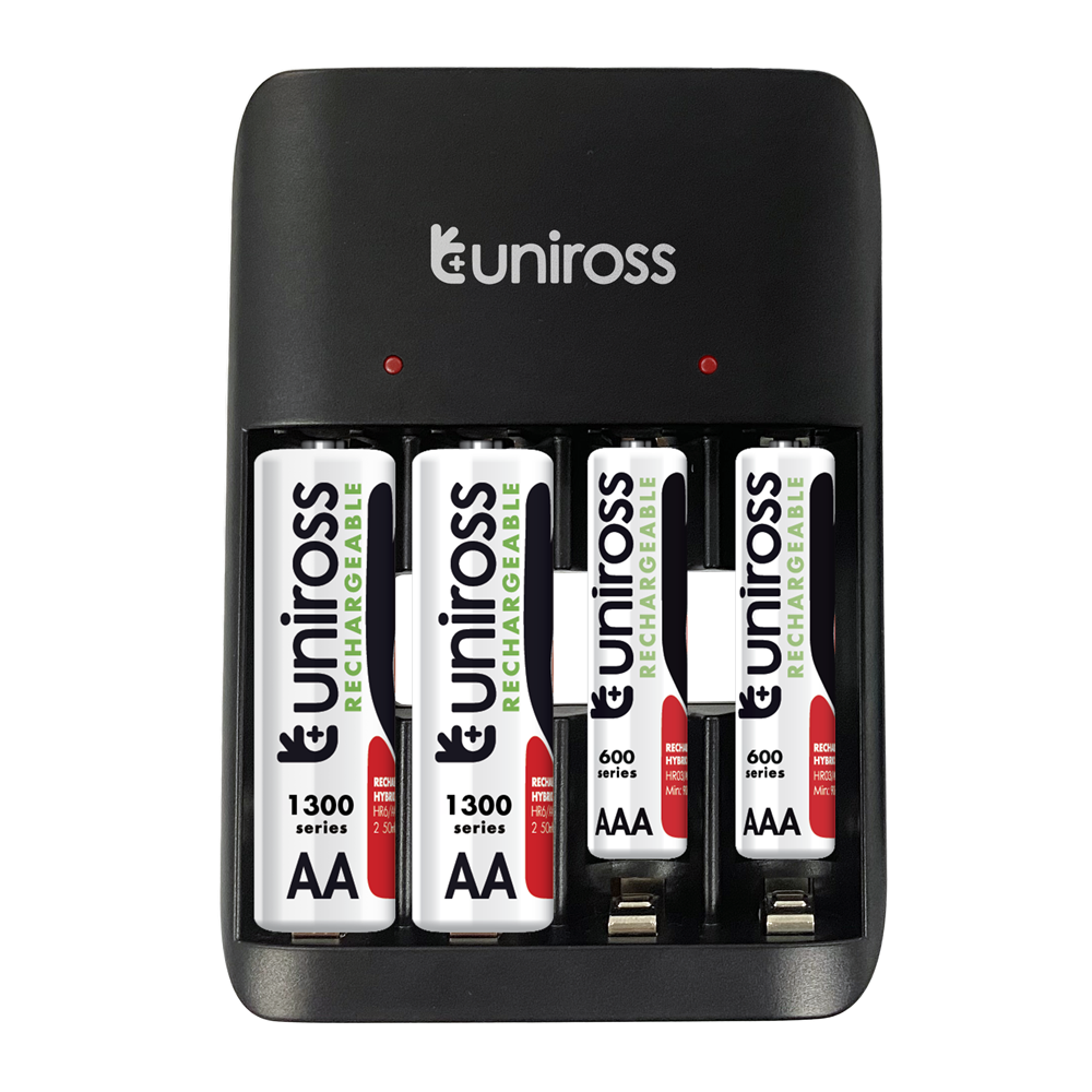 Uniross UCU010 Ni-MH AA/AAA akkutöltő / USB-C + 2 db AAA (micro) 600 mAh + 2 db AA (ceruza) 1300 mAh HYBRIO Ni-MH akkumulátor termék fő termékképe